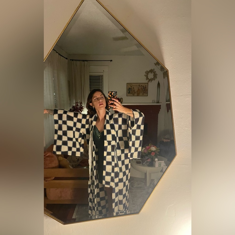 Antique sheer Sha Silk kimono psychedelic checkerboard transparent chess usomono - Picture 3 of 12